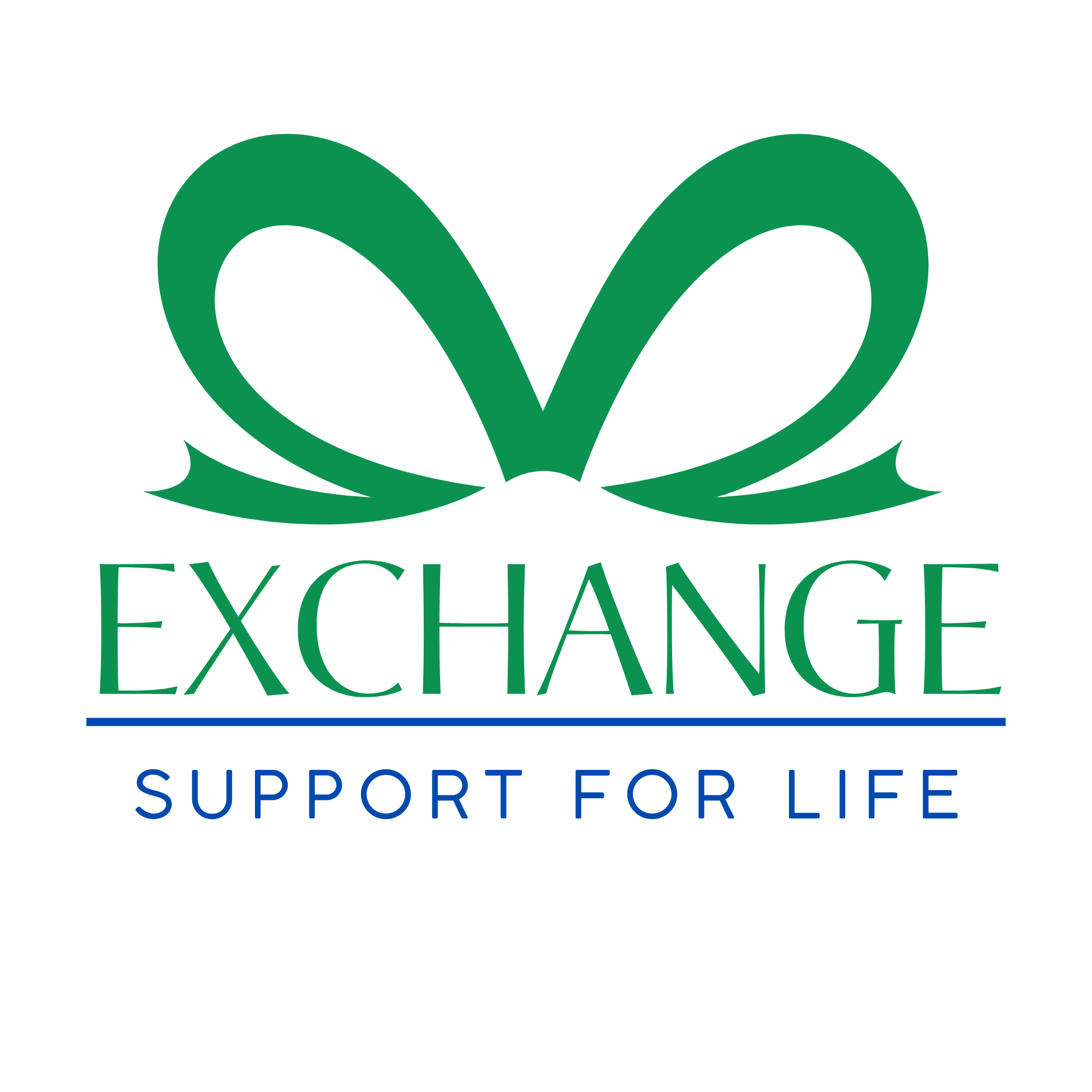 Green ribbon forming a heart shape above the word EXCHANGE in green, with SUPPORT FOR LIFE written in blue below, all on a white background.