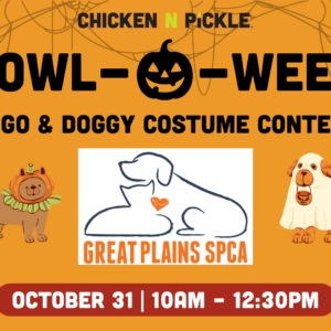 Orange Halloween-themed event flyer with cartoon dogs in costumes, spider webs, and event details: Howl-oween Bingo & Doggy Costume Contest, hosted by Great Plains SPCA at Chicken N Pickle, Oct 31, 10am-12:30pm.