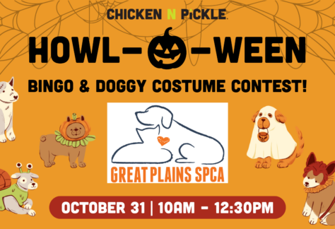 Orange Halloween-themed event flyer with cartoon dogs in costumes, spider webs, and event details: Howl-oween Bingo & Doggy Costume Contest, hosted by Great Plains SPCA at Chicken N Pickle, Oct 31, 10am-12:30pm.