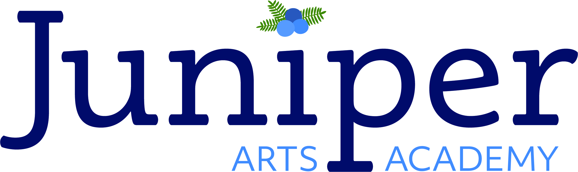 Logo for Juniper Arts Academy. The word Juniper is in dark blue with two blue berries and green leaves above the i. ARTS ACADEMY is written in light blue beneath Juniper..