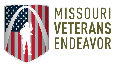 A shield with an American flag, Gateway Arch, and soldier silhouette. Next to it, text reads Missouri Veterans Endeavor. Join us for a 10% Giveback Night Benefiting The Arya Foundation at Chicken N Pickle.