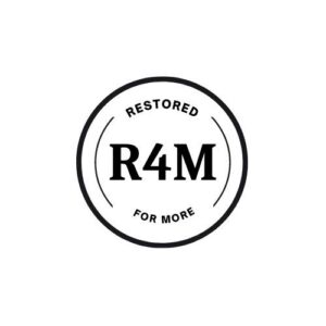 A black and white circular logo with RESTORED at the top, FOR MORE at the bottom, and R4M in bold letters in the center, representing the 10% Giveback Night Benefiting The Arya Foundation at Chicken N Pickle.