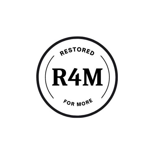 A black and white circular logo with RESTORED at the top, FOR MORE at the bottom, and R4M in bold letters in the center, representing the 10% Giveback Night Benefiting The Arya Foundation at Chicken N Pickle.
