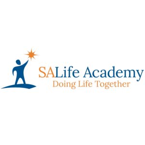 Logo for SALife Academy. Blue figure touches an orange star. SALife Academy written beside, with Doing Life Together below in orange text. White background.