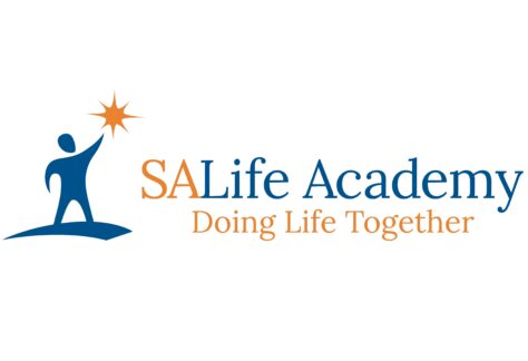 Logo for SALife Academy. Blue figure touches an orange star. SALife Academy written beside, with Doing Life Together below in orange text. White background.