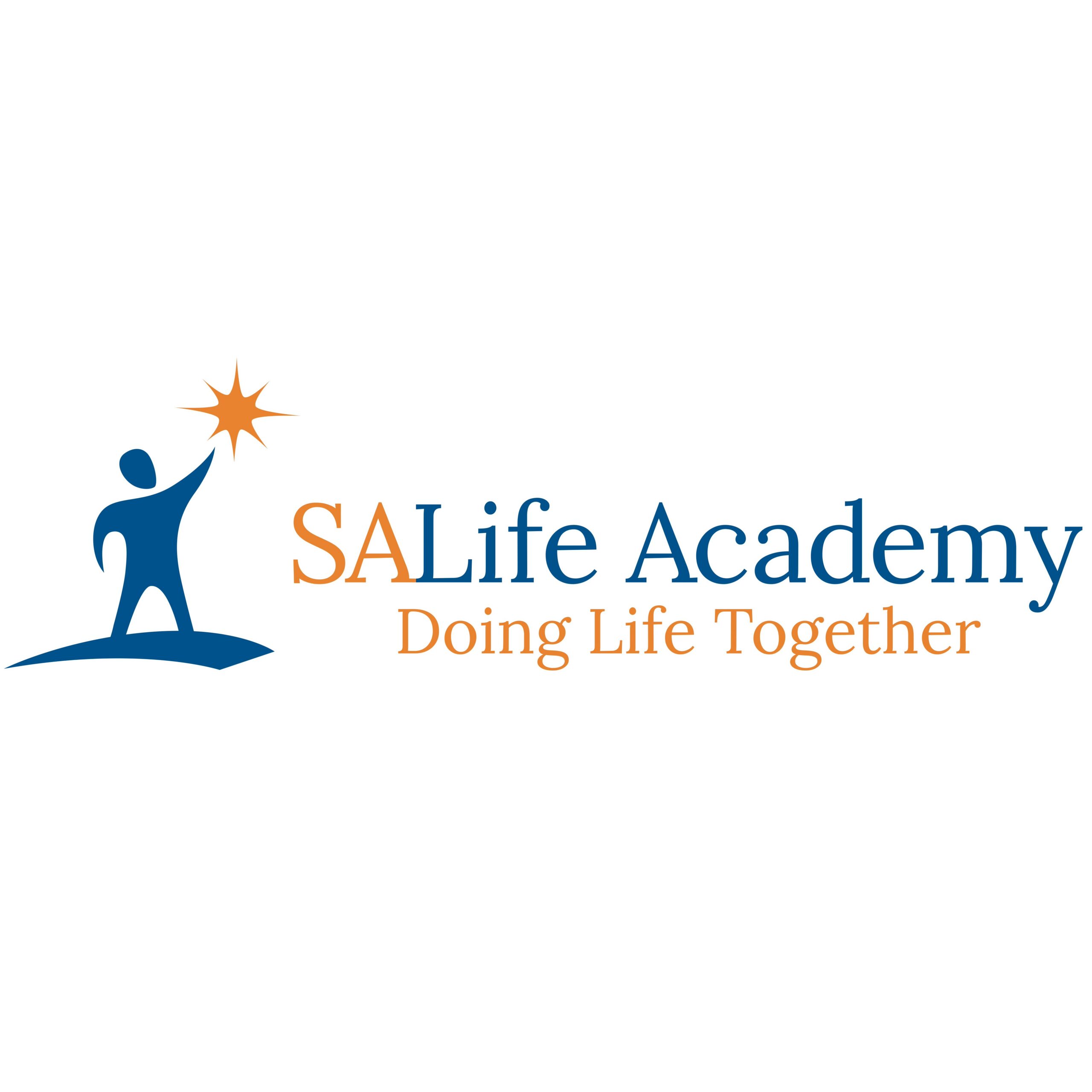Logo for SALife Academy. Blue figure touches an orange star. SALife Academy written beside, with Doing Life Together below in orange text. White background.