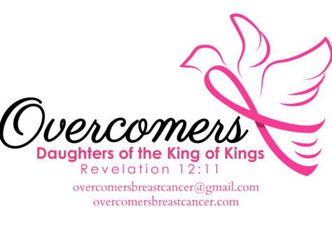 Logo with a pink dove shaped like a ribbon, the word Overcomers, and text: Daughters of the King of Kings, Revelation 12:11. Email and website for Overcomers Breast Cancer are listed below.