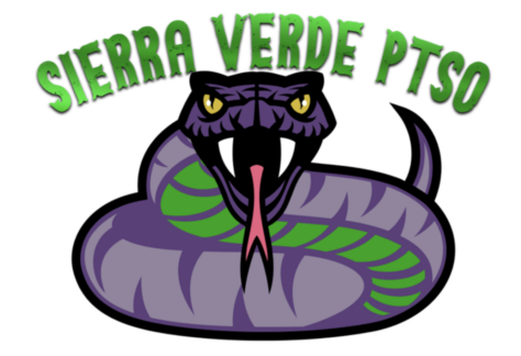 Sierra Verde PTSO logo featuring a coiled purple and green snake with yellow eyes, open mouth, visible fangs, and a red tongue. The name is arched above the snake in green letters, highlighting support for community events like the 10% Giveback Night Benefiting The Arya Foundation at Chicken N Pickle.