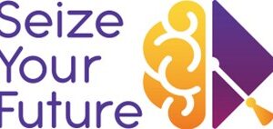 Purple text Seize Your Future next to a yellow-orange brain illustration merging into a purple triangle with a white line and yellow dot, forming a stylized graduation cap tassel.