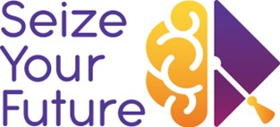 Purple text Seize Your Future next to a yellow-orange brain illustration merging into a purple triangle with a white line and yellow dot, forming a stylized graduation cap tassel.