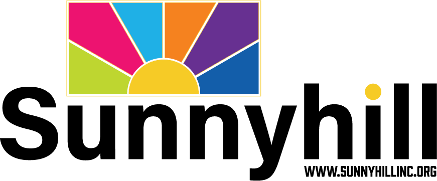 The Sunnyhill logo features a stylized sun with colorful rays above the word Sunnyhill in bold text, and the website www.sunnyhillinc.org in the lower right corner—perfect for promoting events like the 10% Giveback Night Benefiting The Arya Foundation at Chicken N Pickle.