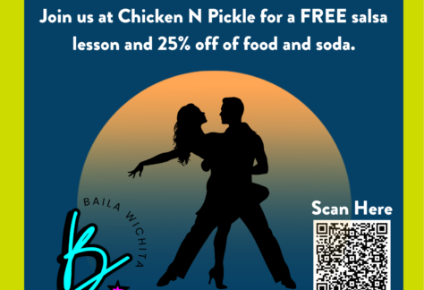 Poster for Sunset Salsa Social at Chicken N Pickle. Silhouette of a dancing couple, event details, Baila Wichita logo, QR code, and bright colors. Event on Sept 13, Oct 11, 6:30–8:30PM, Wichita, KS.