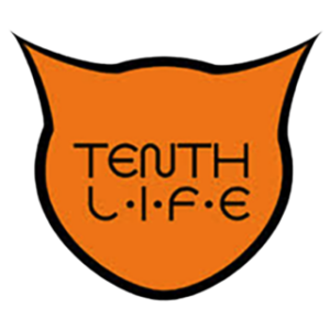 An orange cat head outline with TENTH LIFE written inside in stylized black letters; the I in LIFE is represented by a paw print. Perfect for promoting the 10% Giveback Night Benefiting The Arya Foundation at Chicken N Pickle.