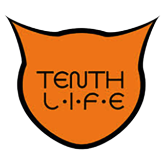 An orange cat head outline with TENTH LIFE written inside in stylized black letters; the I in LIFE is represented by a paw print. Perfect for promoting the 10% Giveback Night Benefiting The Arya Foundation at Chicken N Pickle.
