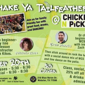 Flyer for a dance event at Chicken N Pickle with classes on September 20th from 5:30-8:30 pm, $5 cover, food and drink discounts, and instructors Philicia Kikes and Zach Morris. Family-friendly, social dancing.