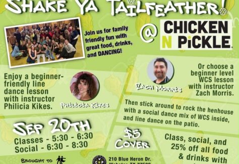 Flyer for a dance event at Chicken N Pickle with classes on September 20th from 5:30-8:30 pm, $5 cover, food and drink discounts, and instructors Philicia Kikes and Zach Morris. Family-friendly, social dancing.