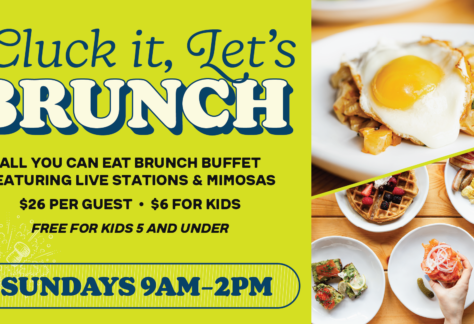 Promotional flyer for an all-you-can-eat Sunday brunch buffet for $26 per guest, featuring images of eggs, waffles, bacon, and other brunch dishes.