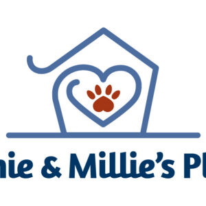 Logo for Annie & Millies Place featuring a blue house outline surrounding a heart with a brown paw print, marking our 10% Giveback to Bodhi Battalion event at Chicken N Pickle.