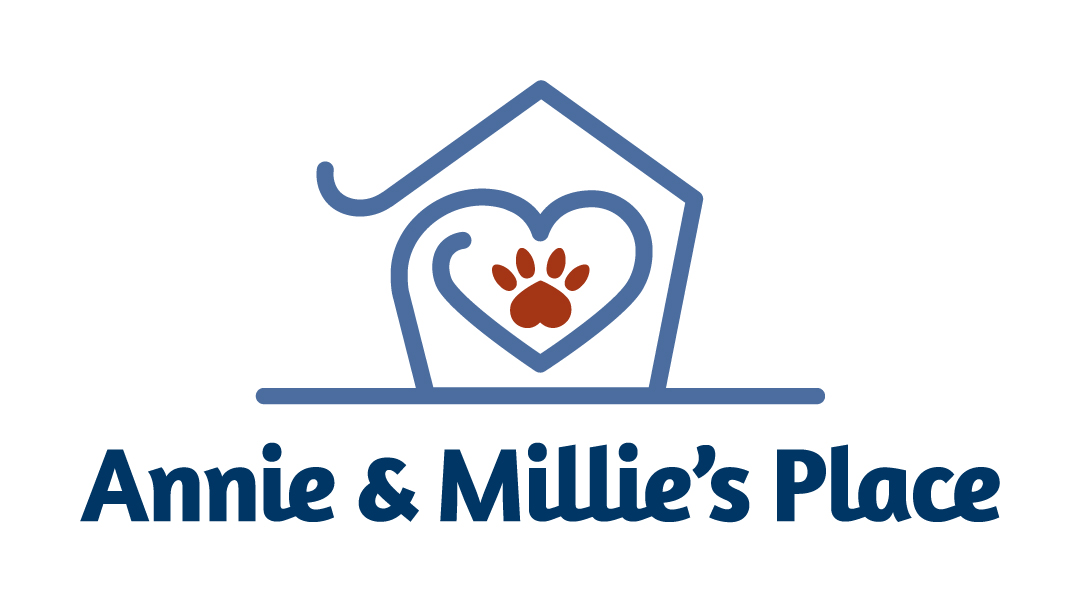 Logo for Annie & Millies Place featuring a blue house outline surrounding a heart with a brown paw print, marking our 10% Giveback to Bodhi Battalion event at Chicken N Pickle.