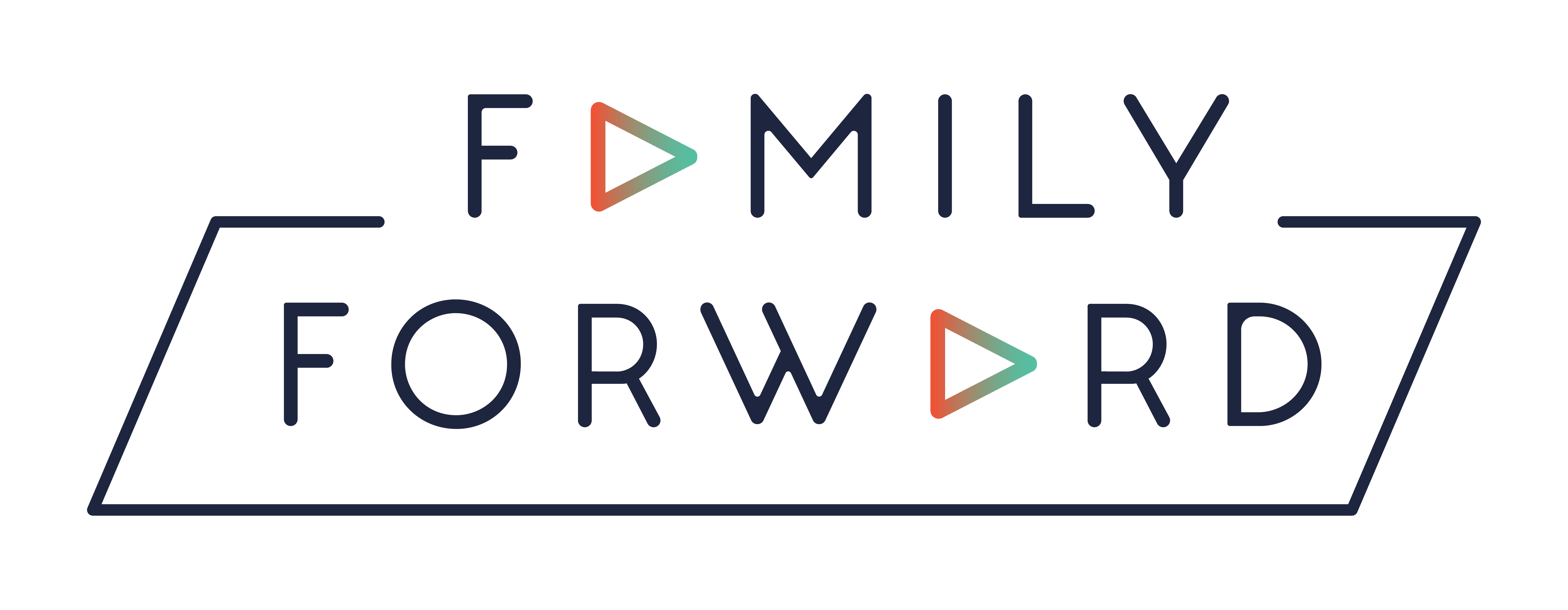 Family Forward logo for the Arya Foundation 10% Giveback Night, featuring the word FAMILY with a multicolored play button replacing the A, the word FORWARD below it with another play button A, all enclosed in a thin geometric border.