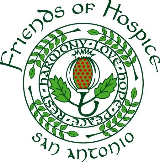 Friends of Hospice San Antonio logo featuring a central poppy flower inside a circular border inscribed with the words harmony, love, hope, and peace, surrounded by leaves.