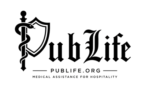 Logo for PubLife.org, featuring a snake coiled around a staff and shield above the text Medical Assistance for Hospitality, appearing during a 10% Giveback Night at Chicken N Pickle NKC.