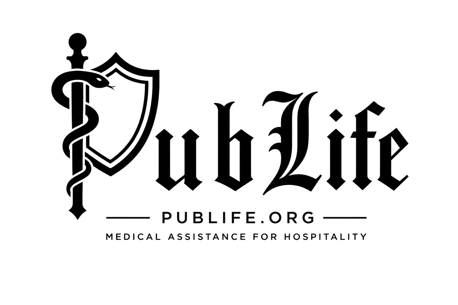 Logo for PubLife.org, featuring a snake coiled around a staff and shield above the text Medical Assistance for Hospitality, appearing during a 10% Giveback Night at Chicken N Pickle NKC.