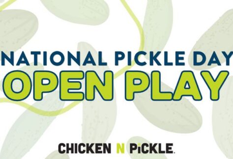 National Pickle Day Open Play graphic for Chicken N Pickle, featuring a background of faint pickle illustrations.