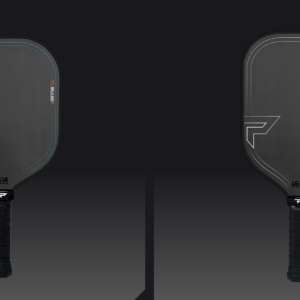 Two black pickleball paddles with black handles, one featuring blue graphic accents and the other featuring white graphic accents.