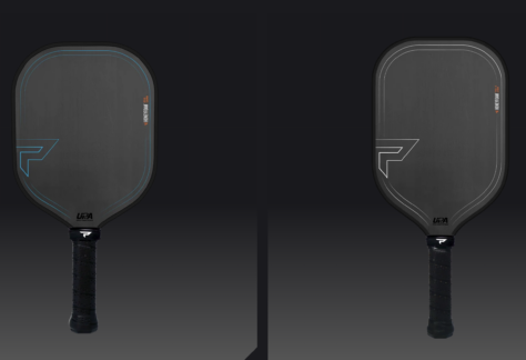 Two black pickleball paddles with black handles, one featuring blue graphic accents and the other featuring white graphic accents.