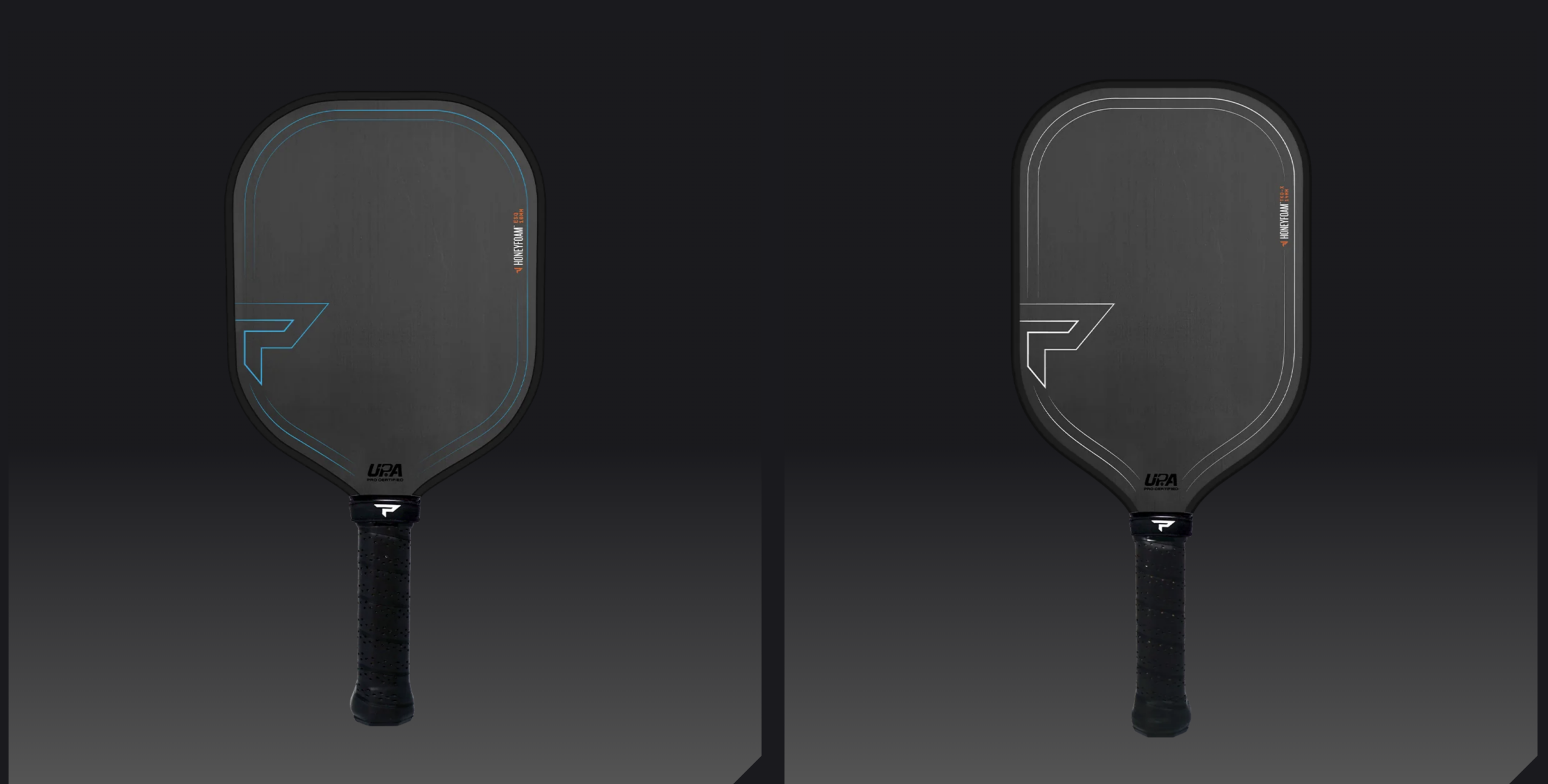 Two black pickleball paddles with black handles, one featuring blue graphic accents and the other featuring white graphic accents.