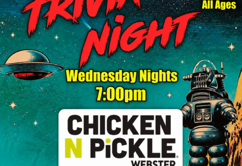 Colorful flyer with retro sci-fi art, promoting Trivia Night Wednesdays at 7:00pm at Chicken N Pickle in Webster, TX. Features a robot, UFO, mountains, and event details for Robot Brain Events.